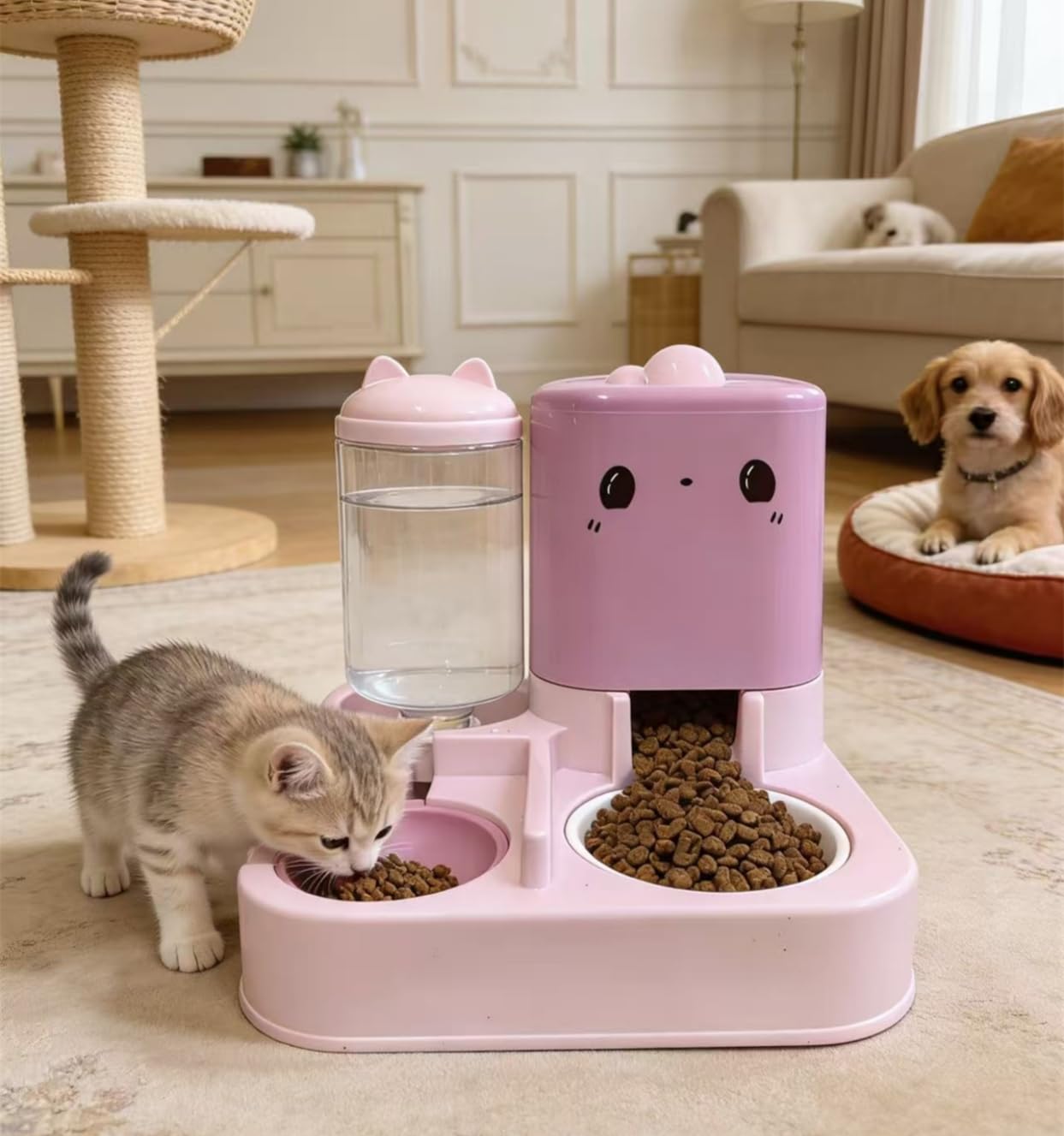 Gamelle automatique pour animal domestique - Distributeur d'eau et de nourriture avec récipient de rangement rechargeable - Grande capacité - Rose
