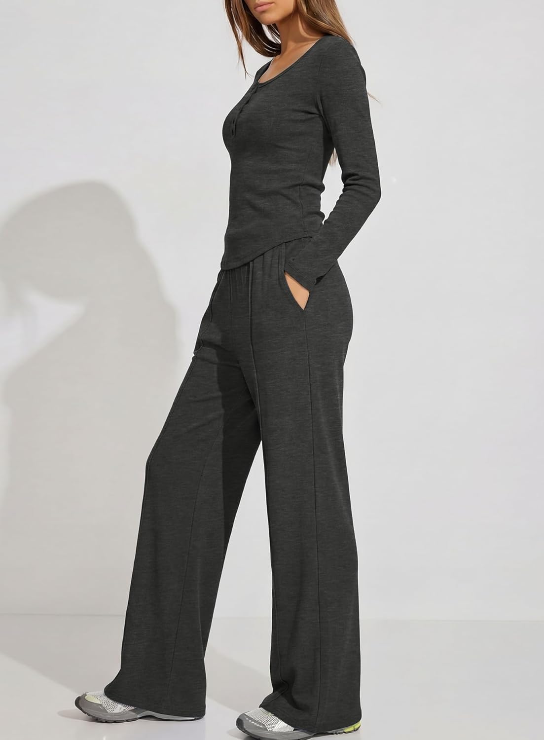 Darong Womens 2 Piece Matching Lounge Sets 2026 Long Sleeve Henley Shirts Wide Leg Pants Airport Travel Outfits - Image 4