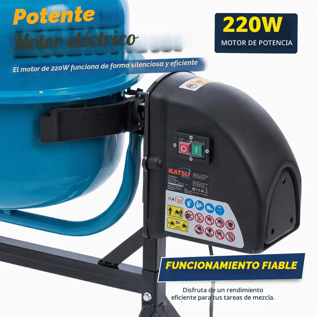 KATSU Tools Hormigonera eléctrica 63L - 220W Máquina mezcladora de mortero de cemento portátil con ruedas, soporte y mango basculante, ideal para bricolaje y construcción, modelo 167340