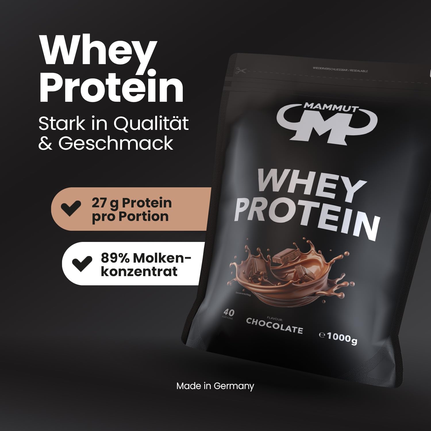 Mammut Nutrition Whey Protein Pulver Chocolate – 1kg – 27g Protein pro Portion – Eiweißpulver mit hohem BCAA-Anteil – Perfekte Löslichkeit in Wasser & Milch – Ideale Zwischenmahlzeit