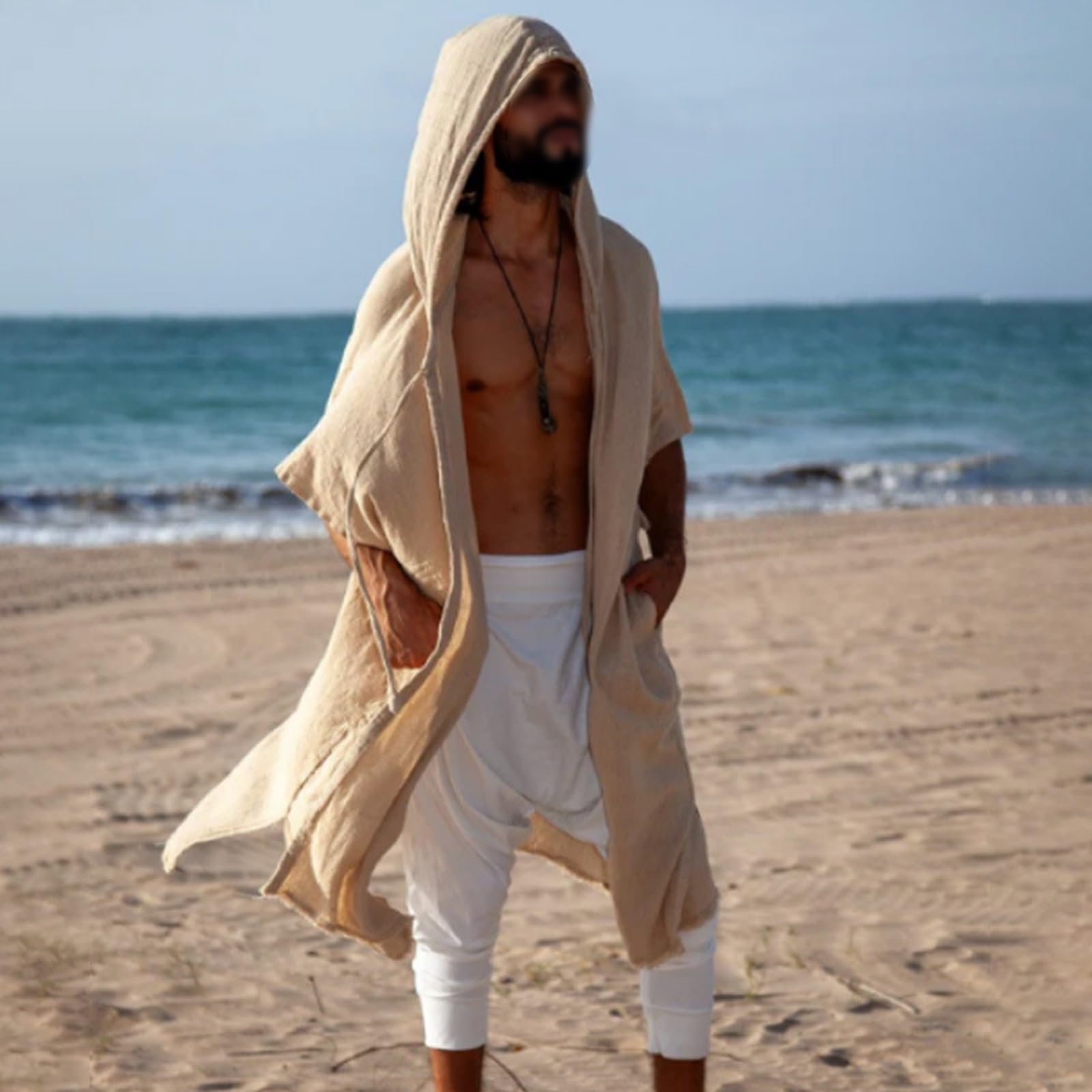Cardigan Ouvert à Capuche pour Hommes Cape à Châle pour les Vacances D'été Long Kimono Cardigans Maillots de Bain Cover Ups
