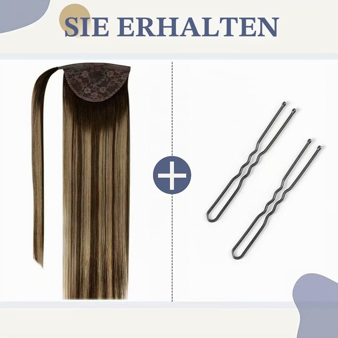 LaaVoo Ponytail Extension Echthaar Braun Balayage Echthaar Pferdeschwanz Extension Dunkelbraun Ombre Honigblond Clip in Zopf Echthaar Extensions Glatt #4/27/4 45cm 80g