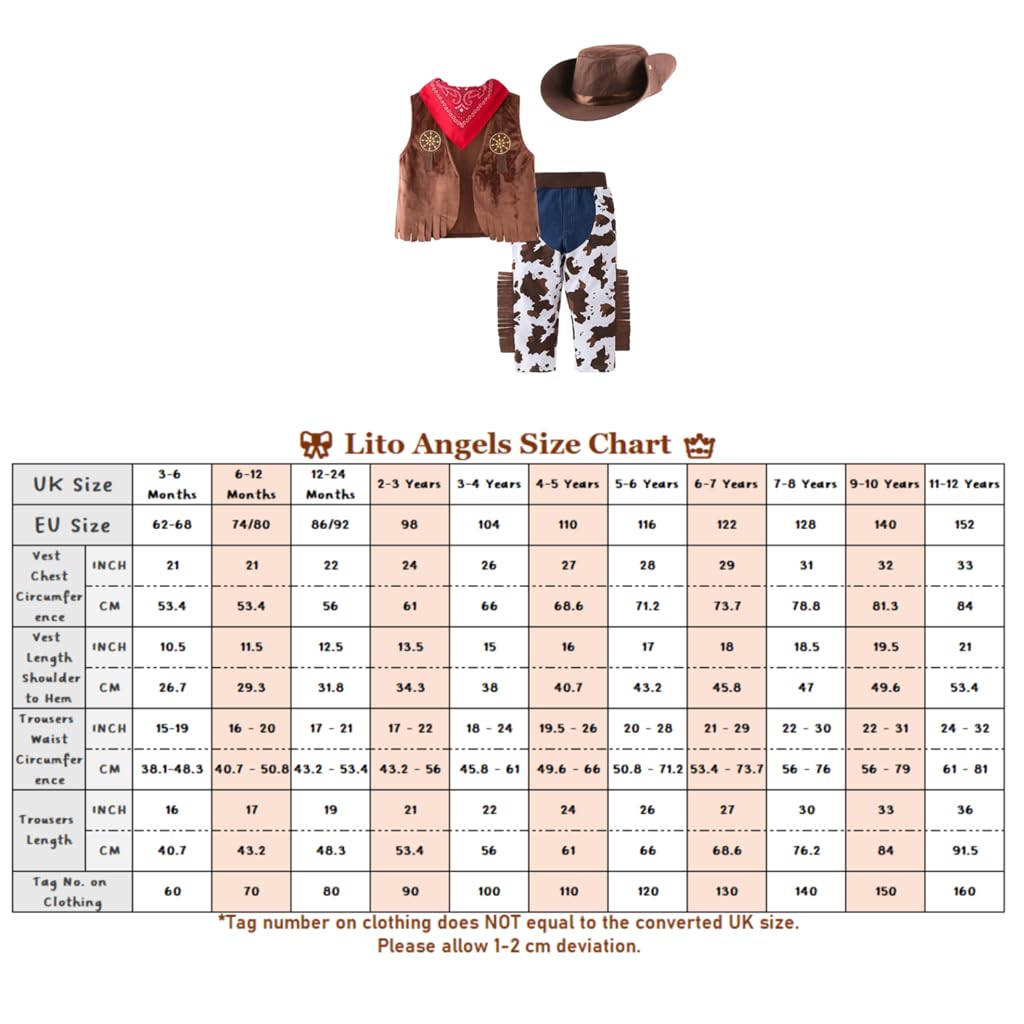 Lito Angels Deguisement Costume de Cowboy avec Bandana, Gilet et Chapeau pour Bebe Enfant Garçons, Brun