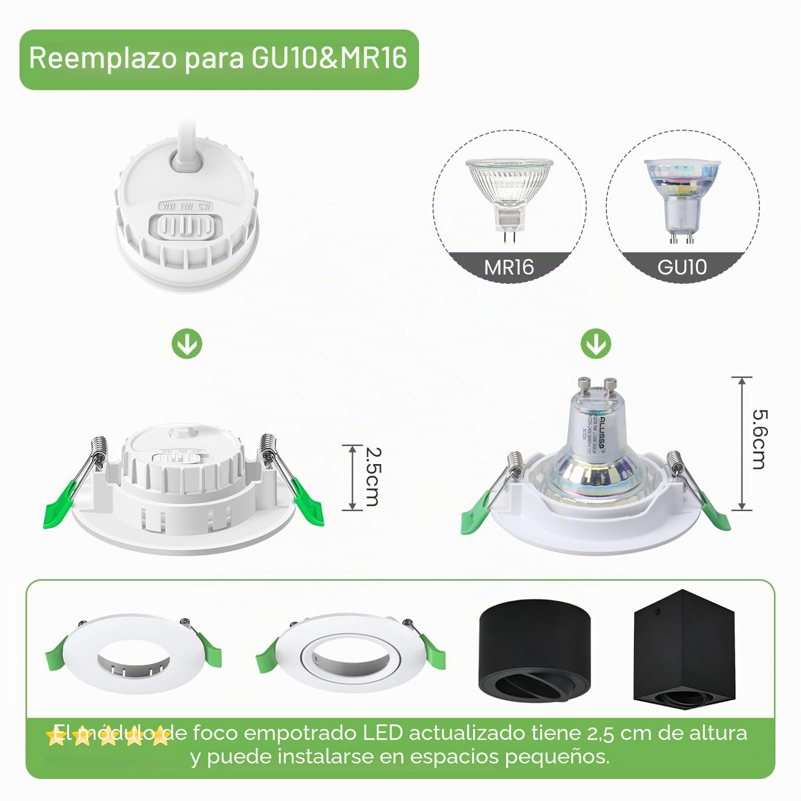 ALUSSO LIGHTING Módulo LED Ultra Plano ø50x25mm para Foco Empotrable, 6W 540lm 230V, Blanco Cálido Blanco Natural Blanco Frío Regulable, Reemplaza Bombillas GU10 MR16, Impermeable IP44, Pack de 6