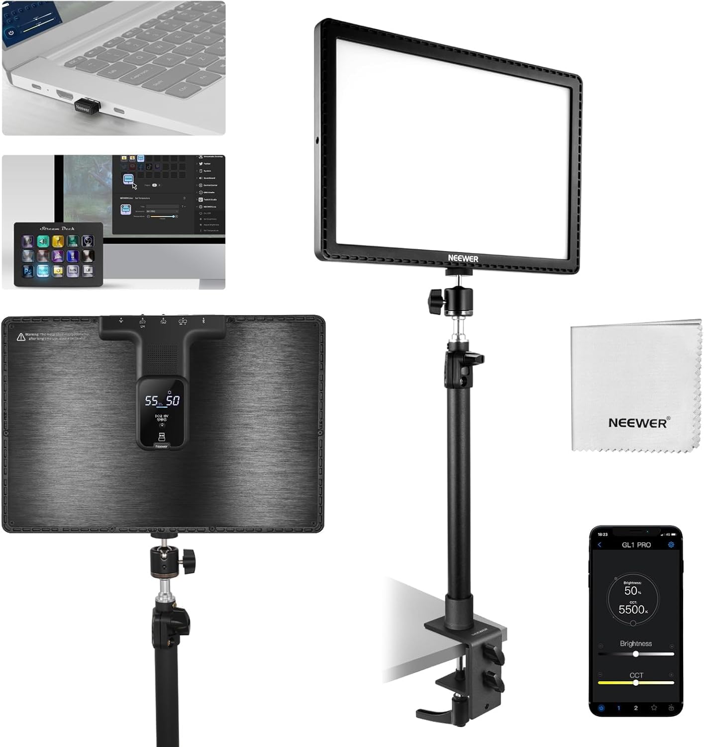 NEEWER 15,5 LED Streaming Key Light, CRI97 Clamp on Tisch Panel Video Licht, 2,4G PC/Mac iOS/Android APP Steuerung, Kompatibel mit Elgato Stream Deck für Gaming Recording Zoom Call, GL1 PRO Schwarz