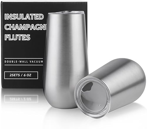 Sivaphe Juego de 2 copas de champán sin tallo con tapa, acero inoxidable aislado al vacío, tazas de cóctel, reutilizables, método de tostado
