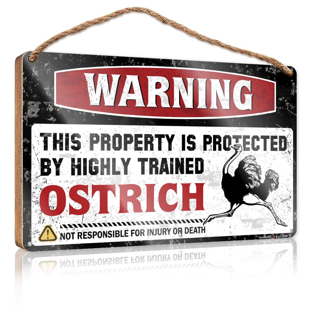 HELIOFORGE Fall Signs For Front Porch Warning This Property Is Protected By A Highly Trained Ostrich Wooden Sign(23X35CM)