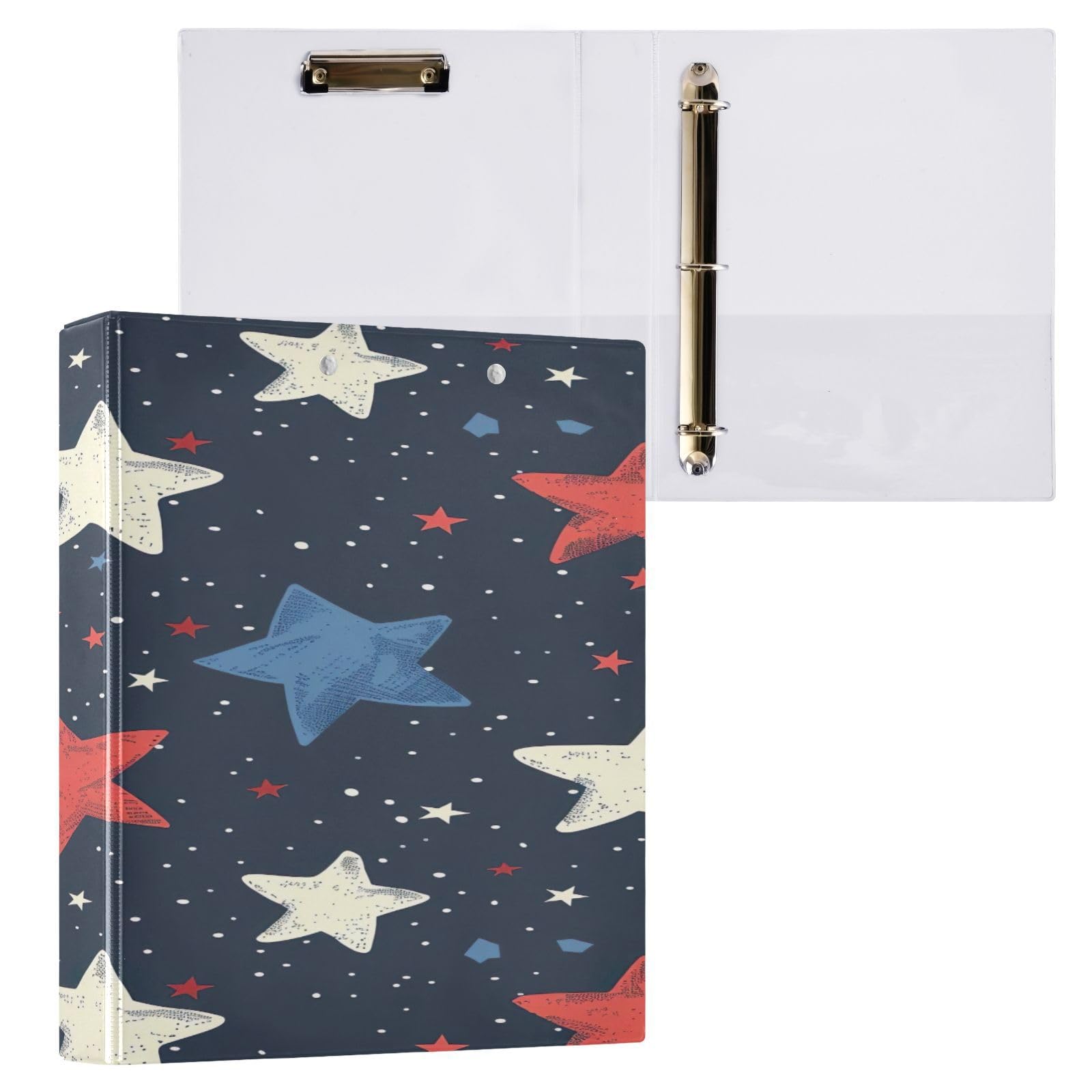 Raccoglitore a 3 anelli da 3,8 cm con clip in metallo con stelle rosse, decorativo, rotondo, formato lettera, per casa e ufficio, confezione da 2