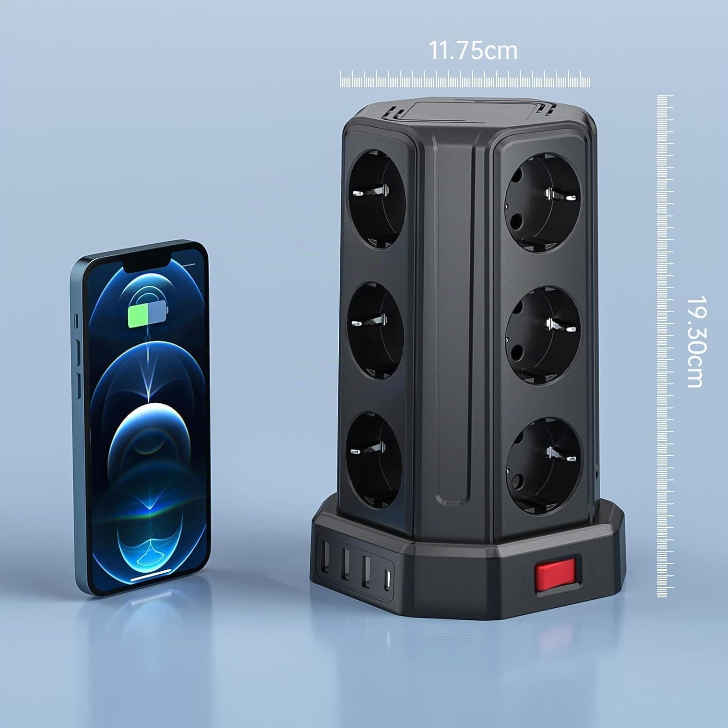 Torre Regletas Enchufes con Cable 5M, Regleta USB 12 Tomas de AC Corrientes y 4 USB, 3680W/16A, Regreltas Vertical con Interruptor para Mesa, Oficia, Casa