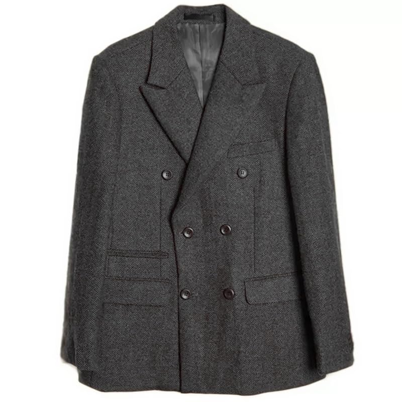Men's Vintage Double-Breasted Herringbone Business Wool Blazer Suit Jacket