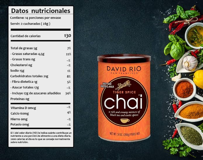 David Rio Chai Mix Tiger Spice Elephant Vanilla 14 oz 398g Instantánea Té Chai Pack 2