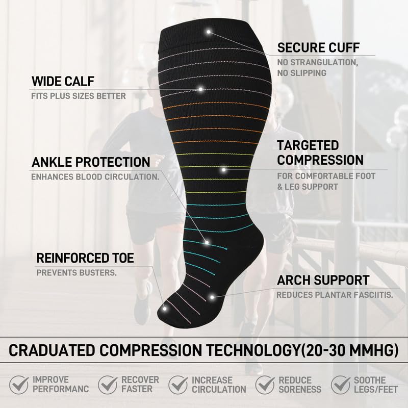 CUBlEX 4 Pairs Plus Size Compression Socks Unisex 20-30mmHg Knee high XXL- XXXXL for Woman & Man4
