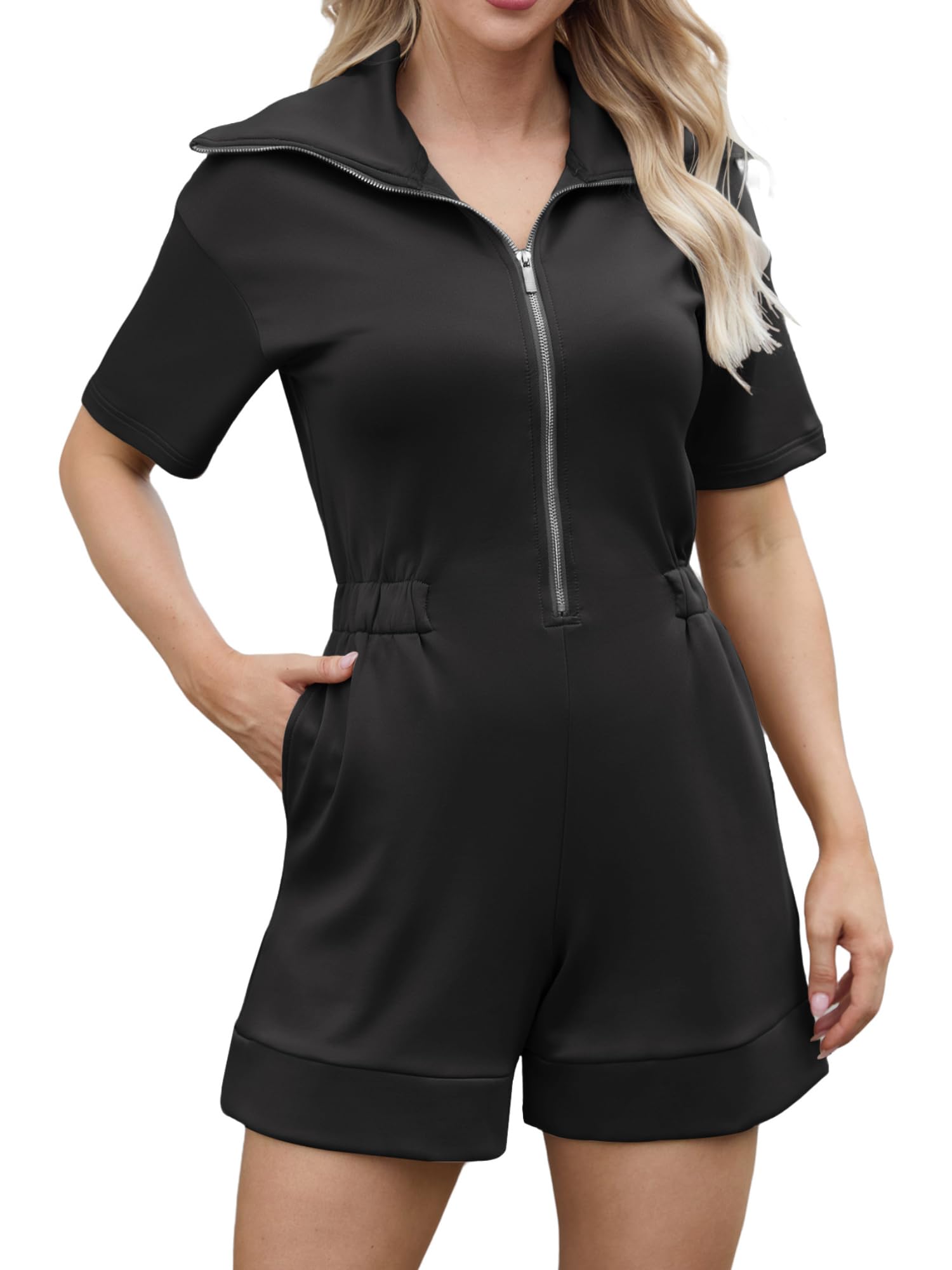 EvolSer Jumpsuit Damen Kurz, Sommer Einteiler mit Stretch-Anteil, Eleganter Playsuit mit Reißverschluss & Taschen, Formstabiler & Blickdichter Romper, Ideal für Freizeit & Sportliche Looks