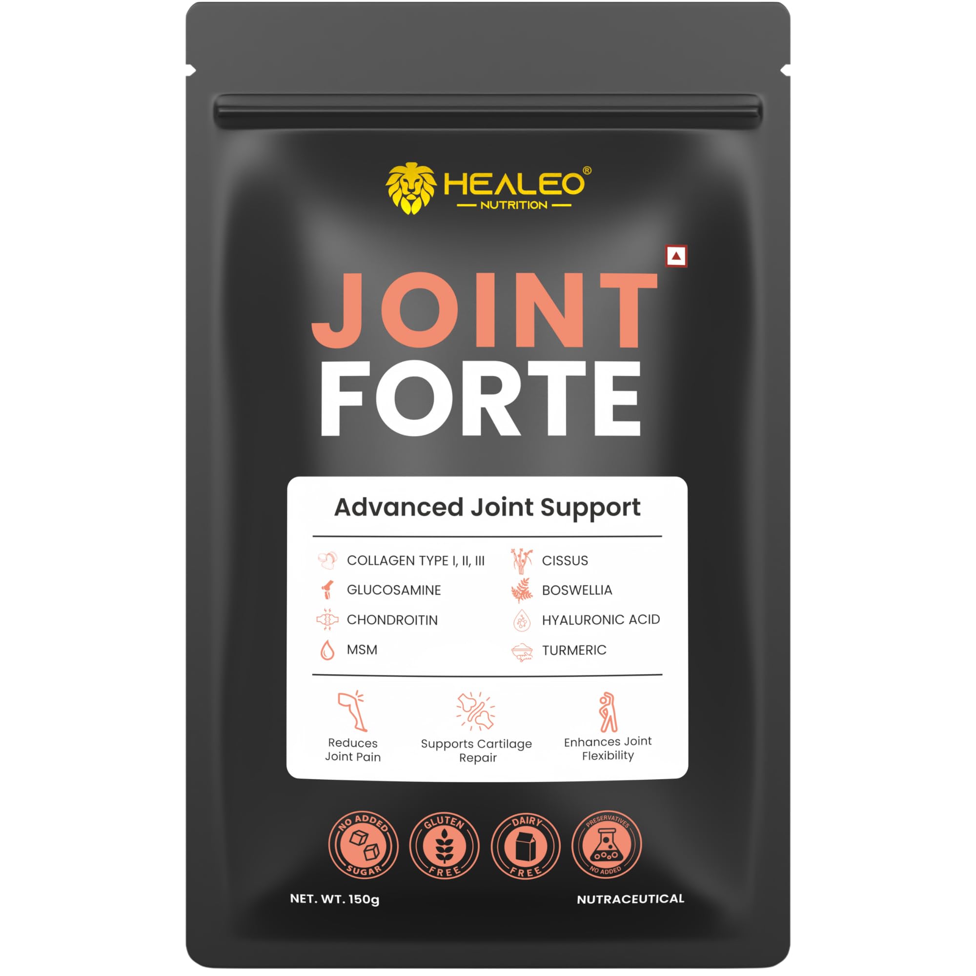 Joint Forte Powder Supplement with Collagen, Glucosamine, Chondroitin, MSM, Boswellia and Turmeric for Joint Support, Mobility, and Flexibility | 150g (Orange)