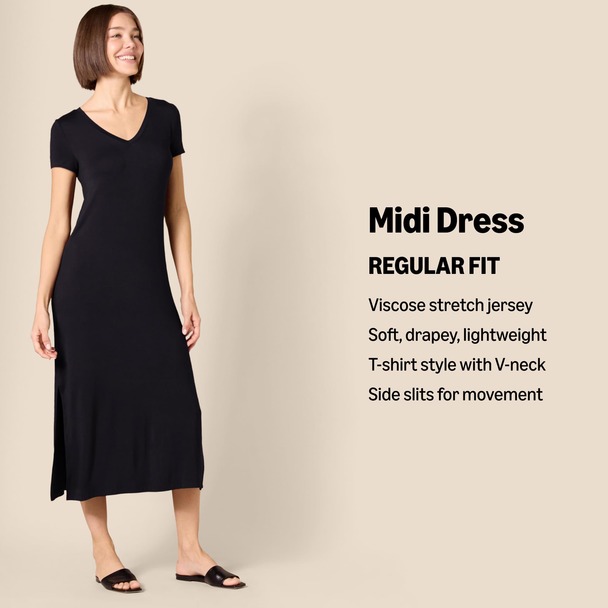 Amazon Essentials Abito Midi a Maniche Corte con Scollo a V in Jersey Donna
