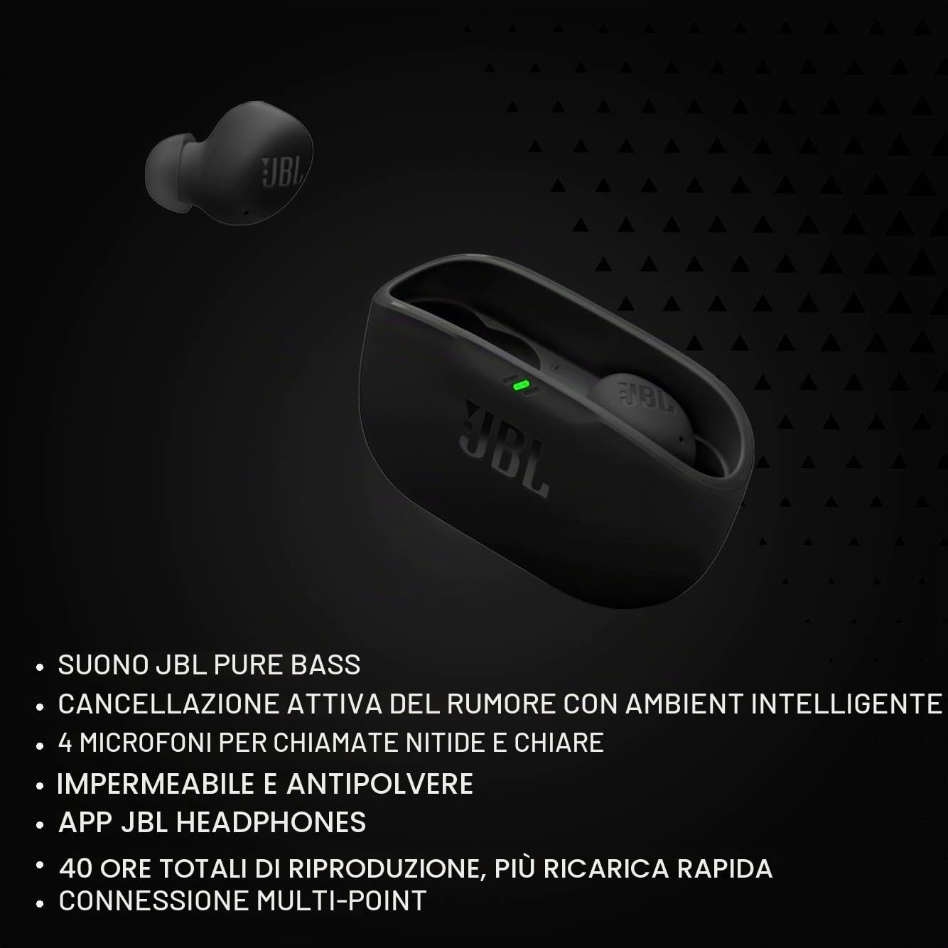 JBL Vibe Buds 2 - Auricolari wireless con cancellazione del rumore, suono puro e tecnologia ambientale intelligente, 4 microfoni per chiamate nitide e chiare, fino a 40 ore di riproduzione, IP54