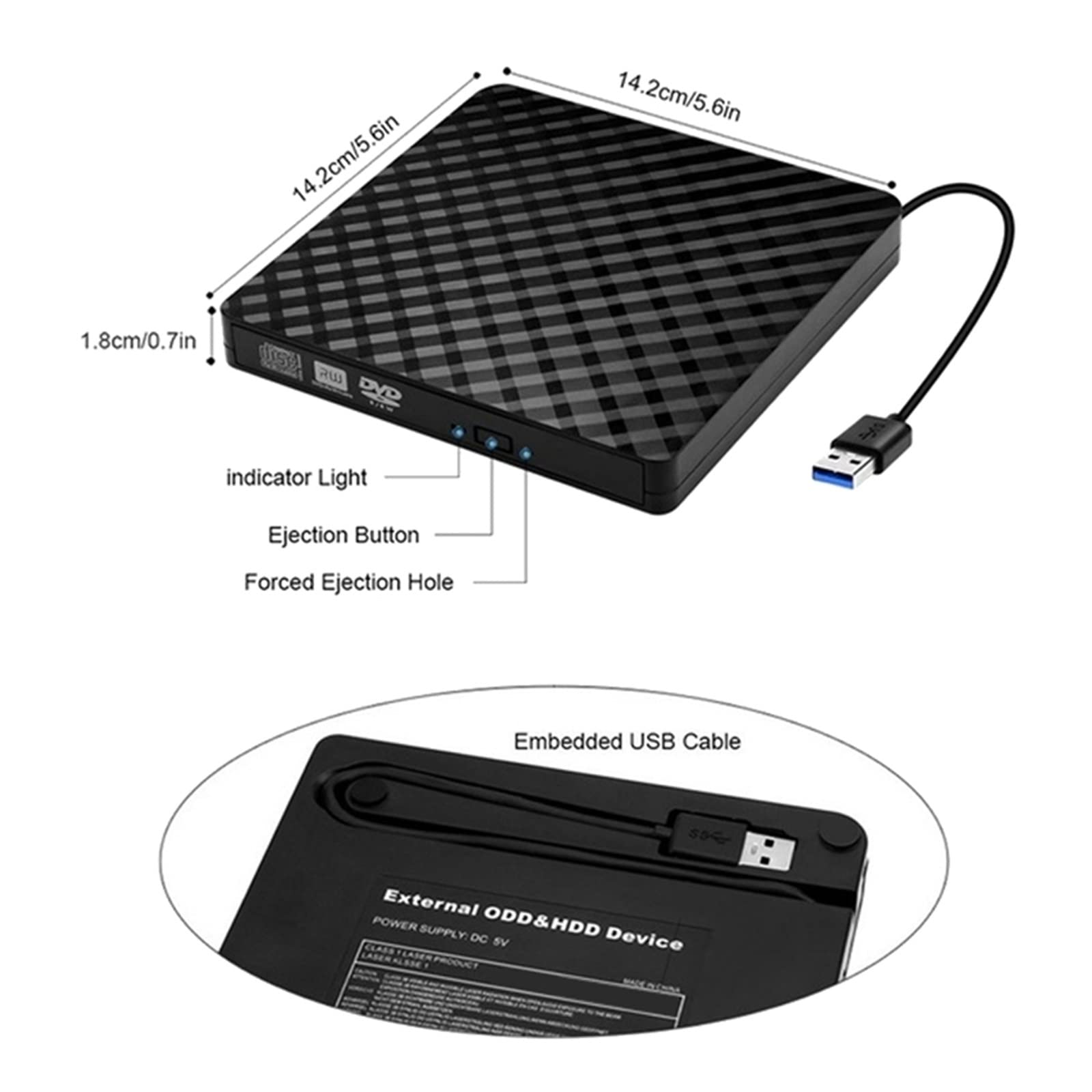 Lecteur de CD DVD Externe, USB 3.0 et Type-C Portable CD DVD +/-RW Lecteur de Lecteur DVD/CD ROM graveur graveur DVD Lecteur