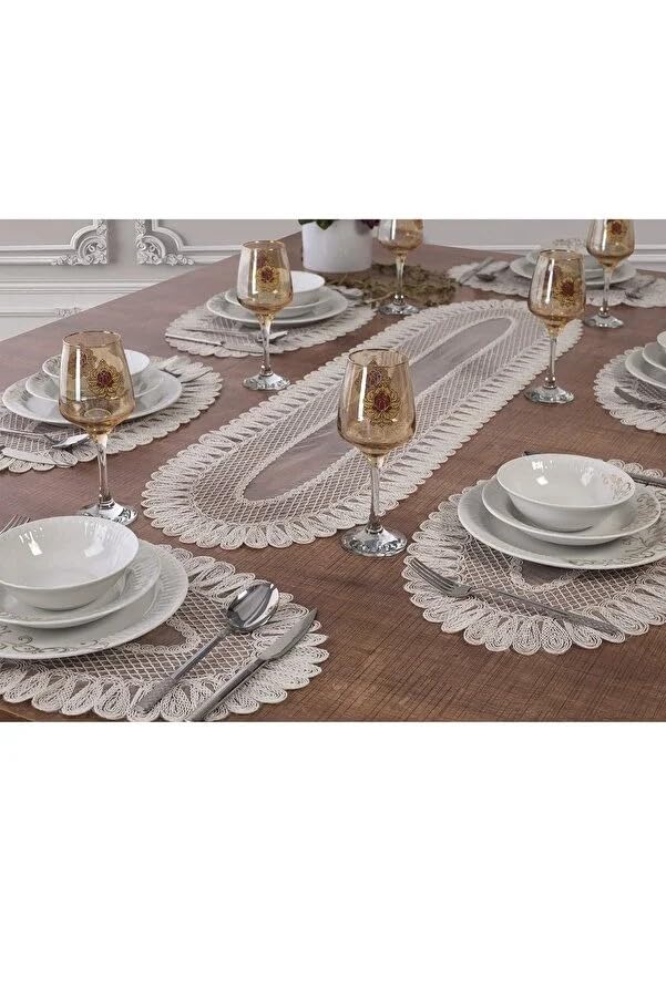 Placemat set of 7, 1 Runner 6 Plate Food Service Set, 211 Cream-Tablecloth Set, Service Presentation. Elegant, Fancy for Dining Table, Holiday, Wedding, Decorative Placemat, Table (211 Cream, 40X140)