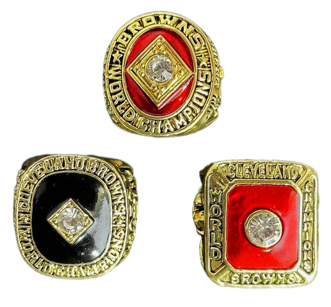 RyDdpz GIFT CLE WST COMMEMORATIVE RINGS FOR 1950 1955 1964 3-TIMES RUGBY CHAMPIONSHIPS,CLEVELAND 3 RINGS SET WITH 3-HOLE WOODEN DISPLAY BOX PACKAGING, HOLIDAY GIFT FOR BASEBALL FANS