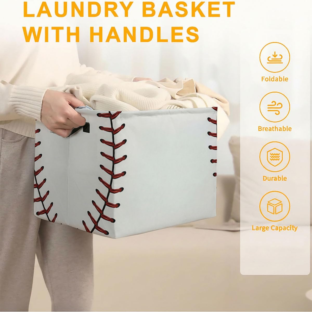 56L Baseball Laundry Basket Clothes Hamper with Handles,Foldable Blanket Storage Large Laundry Hamper with Waterproof PE,Toy Storage Bin Organizer,Cube Clothes Organizer,Home Decor
