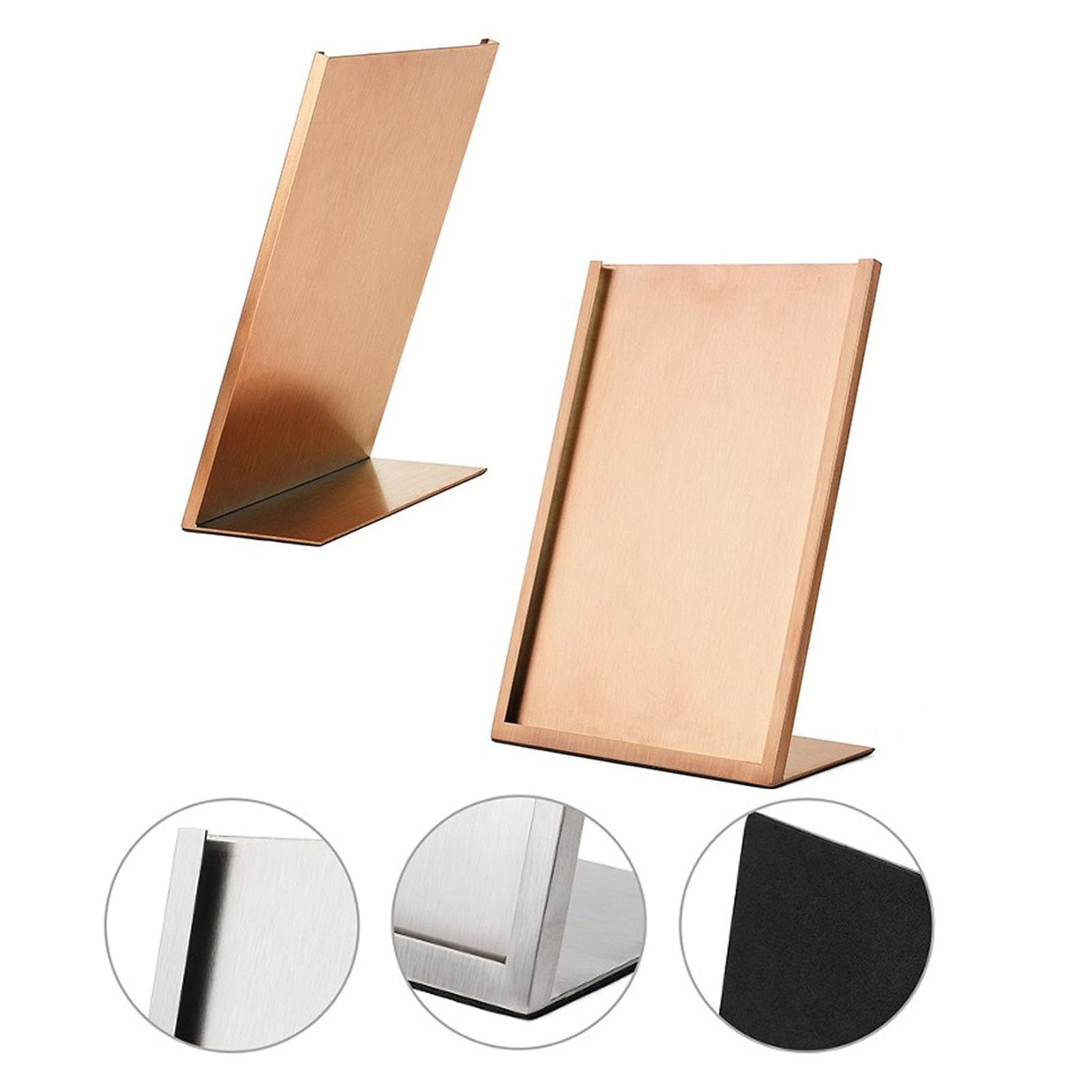Portamenús Forma L Acero Inoxidable con Ranura para Tarjetas Visita - Expositor Multiusos Mesa para Menús, Carteles Publicitarios Fotos Pósteres - Ideal Restaurantes Hoteles y Tiendas(Rose gold)