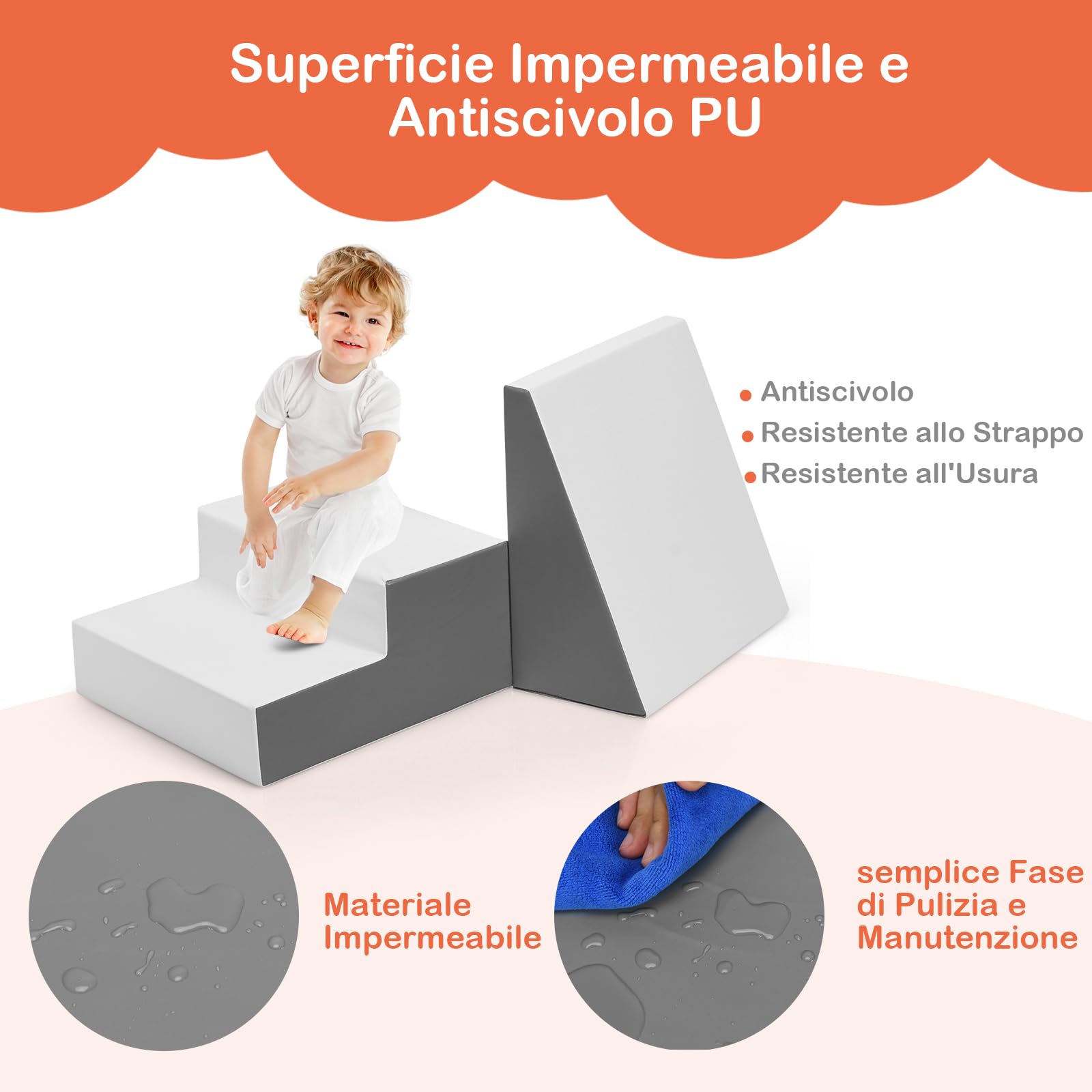 RELAX4LIFE Set di 2 Blocchi in Schiuma per Bambini, Scaletta e Trapezio da Assemblare e per Arrampicarsi, Centro Attività Componibile per Bambini (Bianco)