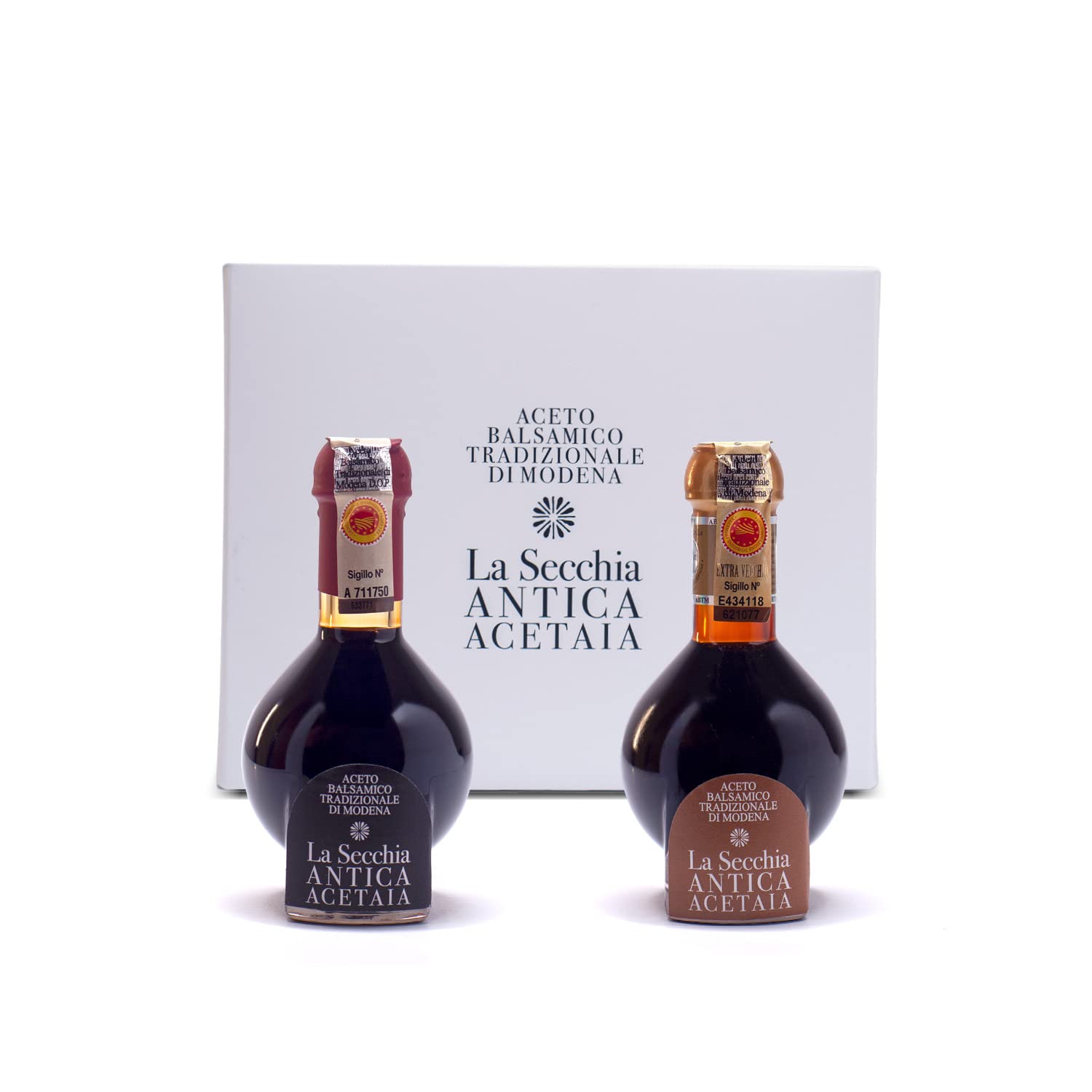 La Secchia - "Duetto", Aged 20 and 35 years, Traditional Balsamic Vinegar of Modena DOP, Two Bottles of 100 ml with Glass Dosing Cap