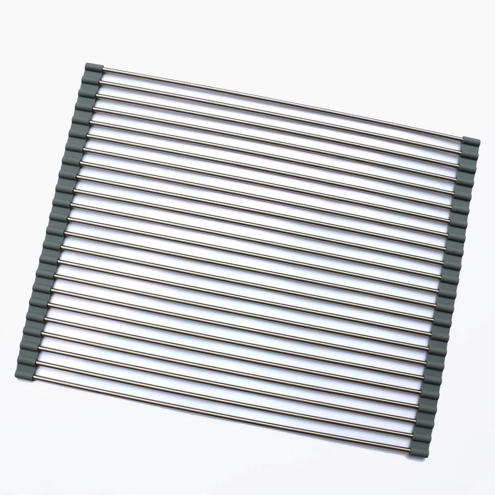 Folding Kitchen Sink Rack,Stainless Steel & Roll Silicone,Dish Drying Rack Fruit Colander,16.9in(43cm) L x 13.4in(34cm) W,Gray