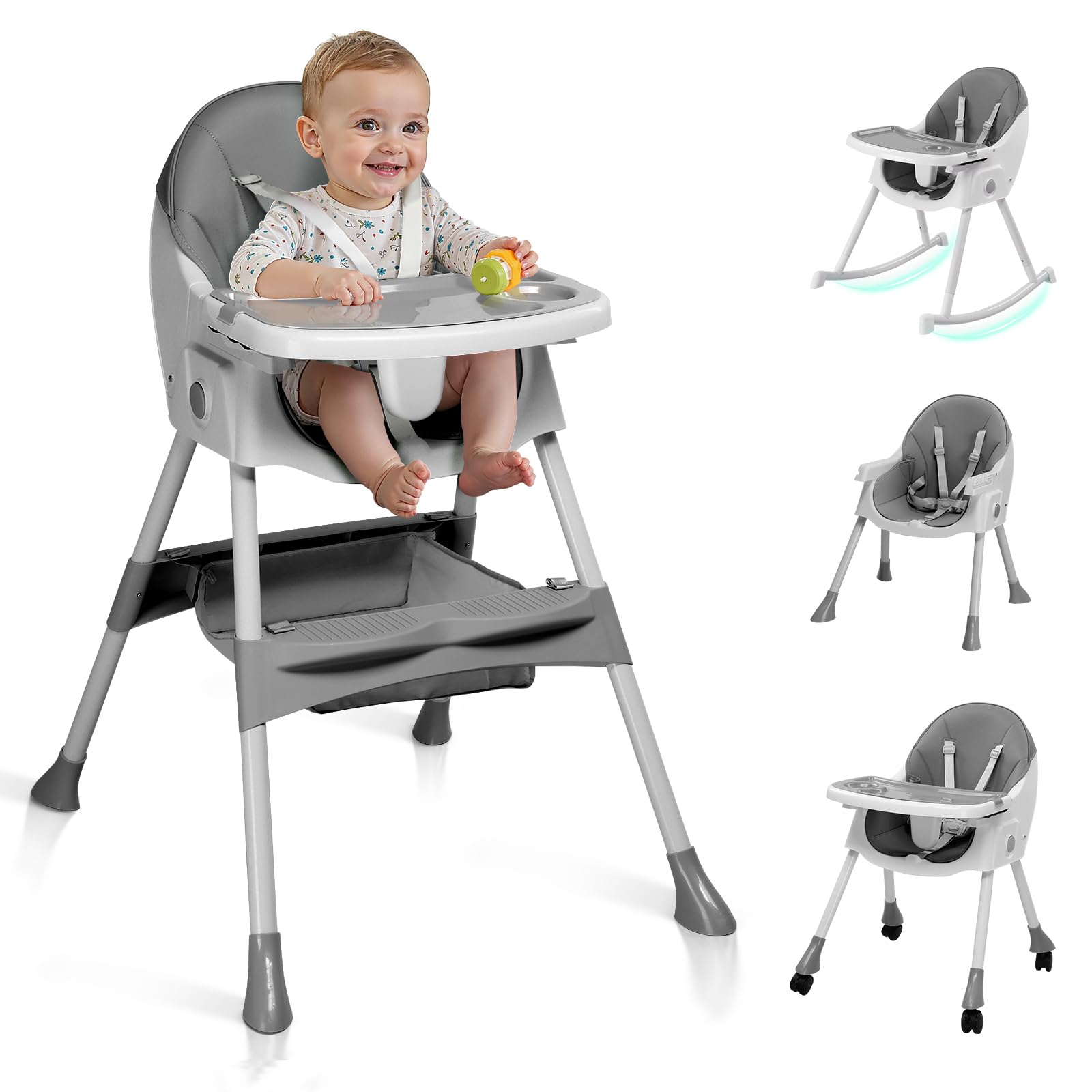 Ktaxon Baby High Chair, 6-in-1 Portable Feeding Rocking Seat with Adjustable Backrest, Removable Tray and 5-Point Safety Harness, Travel Folding