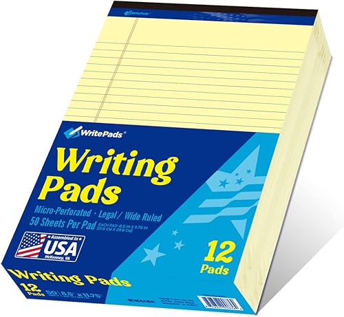 WritePads Bloc legal de 8.5 x 11 pulgadas, rayas anchas, papel canario, paquete de 12, 50 hojas por bloc de escritura, bloc de escritura micro