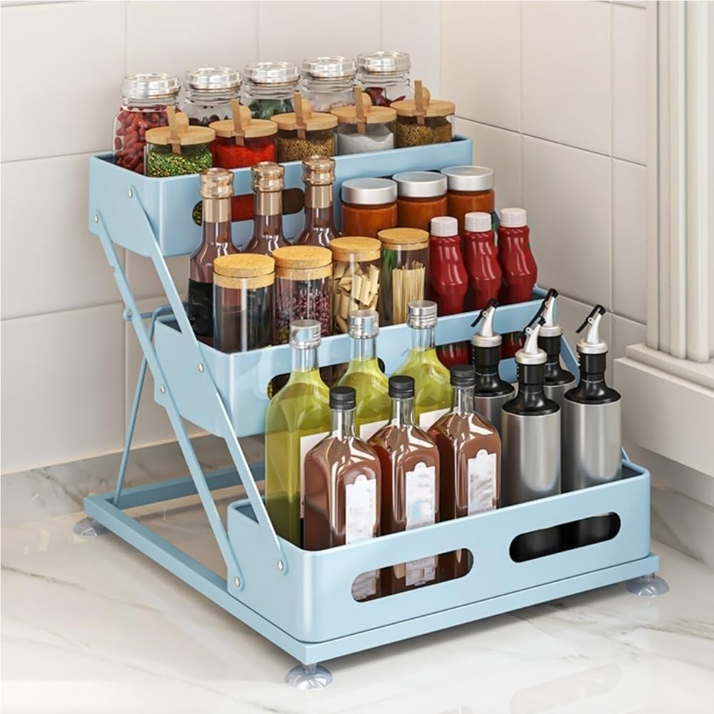 Goxyffmnv Condiment Storage Rack, Spice Rack with Adjustable Height, Metal Seasoning Rack, 3-layer Skin Care Product Rack, Countertop Rack for Kitchen, Bathroom, Living Room(Blue)