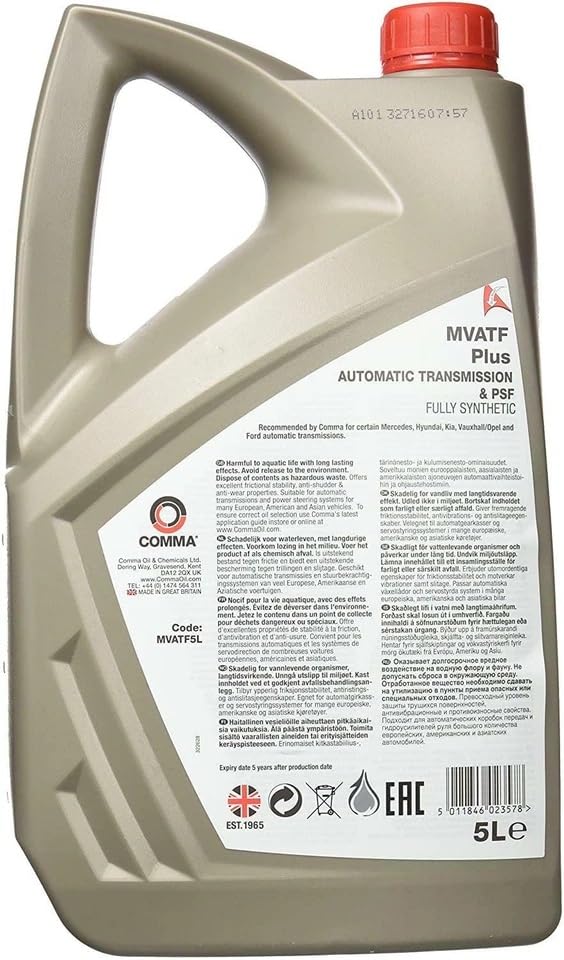 Comma Fully Synthetic Automatic Transmission & Power Steering Fluid Oil MVATF 5L 5 LITRE - 2