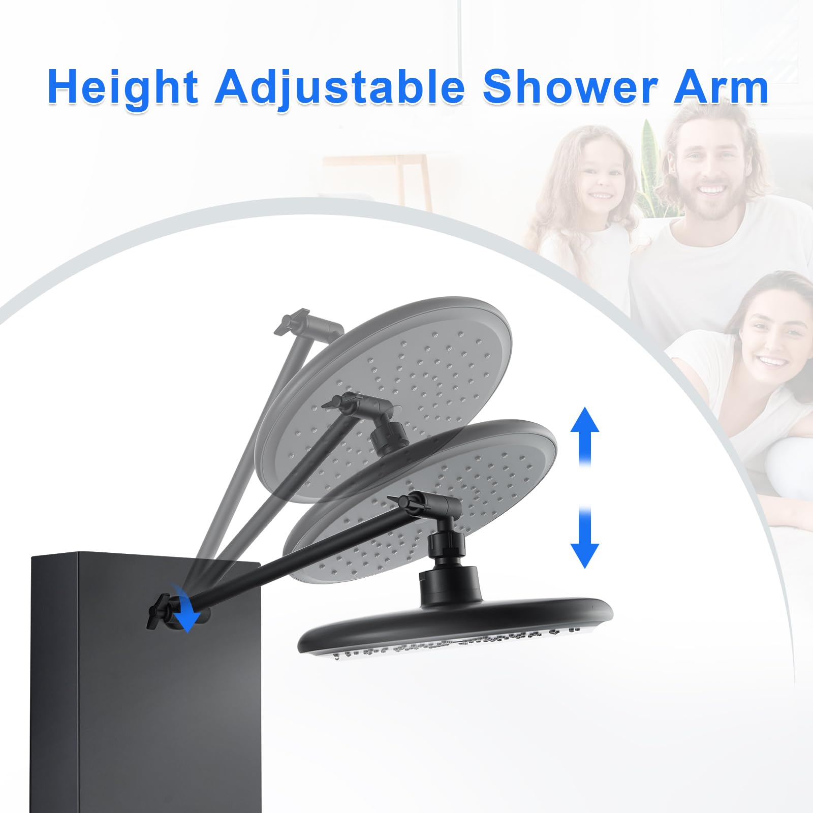 POPFLY Sistema de torre de panel de ducha, brazo de ducha ajustable, sistema de cabezal de lluvia de acero inoxidable con estante y 6 chorros de masaje corporal, panel de columna de ducha negro para