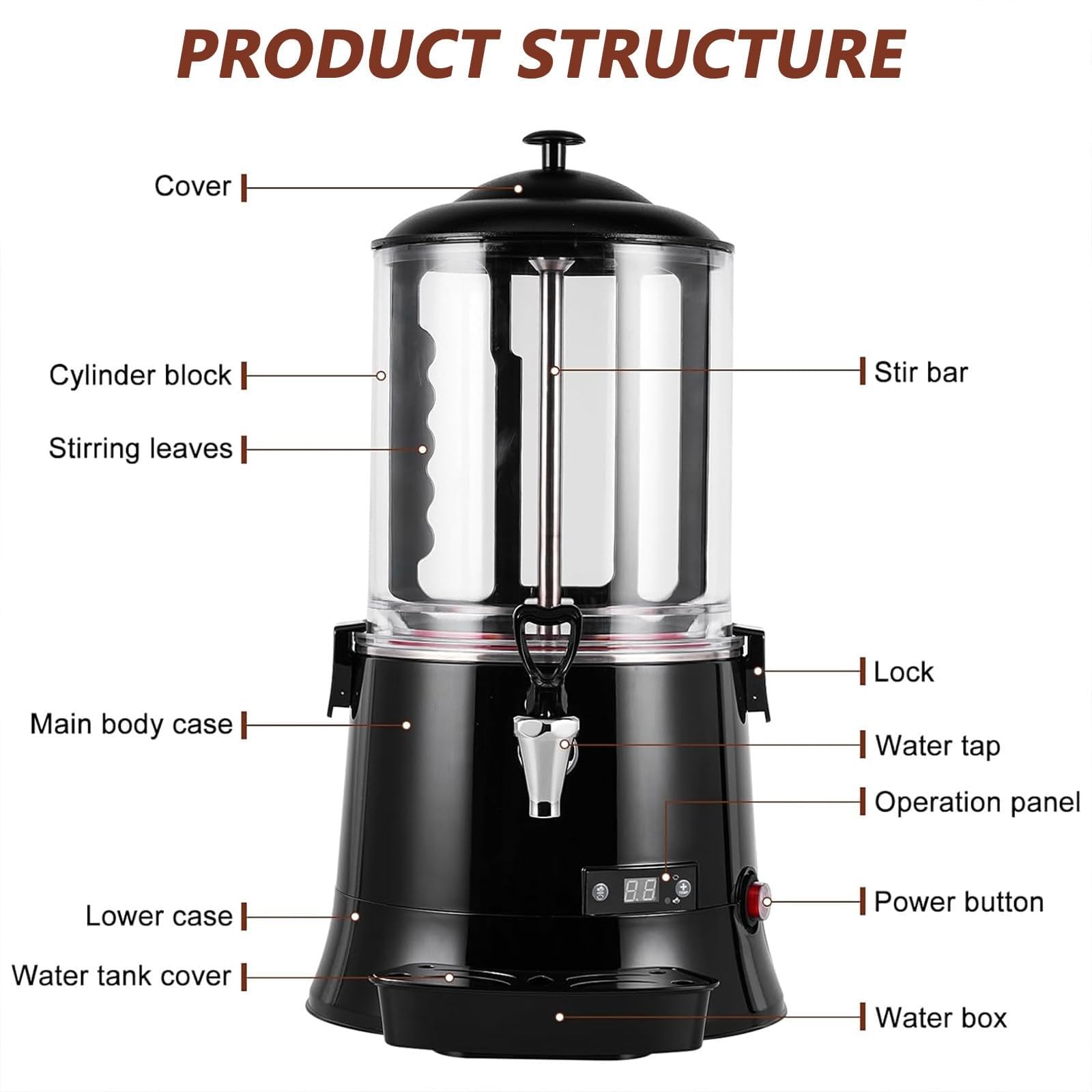 Machine À Chocolat Chaud Professionnelle 10L, Distributeur Électrique Avec Chauffage Et Agitation Continus, Fontaine À Chocolat Avec Cuve Antiadhésive Et Bac D'égouttage