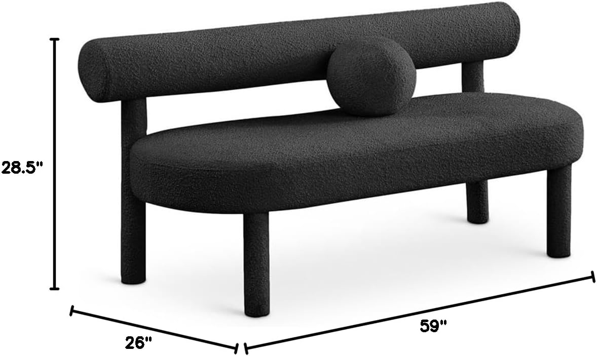 Pemberly Row Modern Black Boucle Fabric Bench, 59" W x 26" D x 28.5" H, Solid Wood Frame, Contemporary Design, Comfortable Seating for Entryway, Bedroom, or Living Room