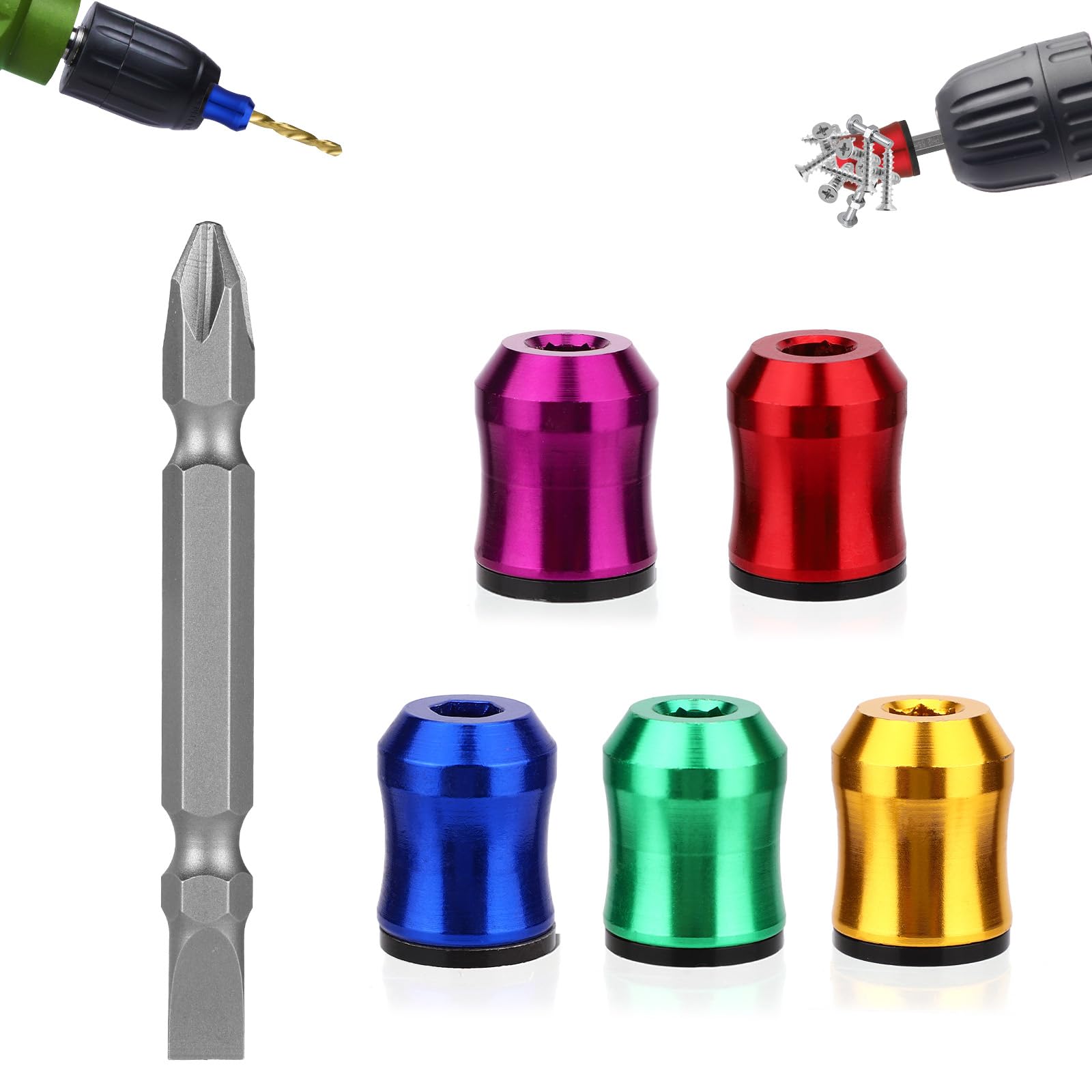5pcs Strong Magnetic Screw Ring, 5 Colors Screwdriver Magnetic Ring with Double-Ended Screwdriver Bit Holder for Drill Tool Woodworking Maintenance Household Repairs