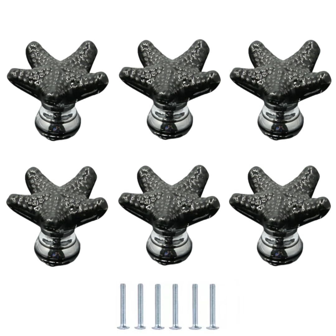 ENmrfvkz Ceramic Cupboard Drawer Handle Knobs, Ceramic Starfish Knobs for Cabinet Drawer Door, 6 Pcs, Multicolor, 34x24mm(Black)