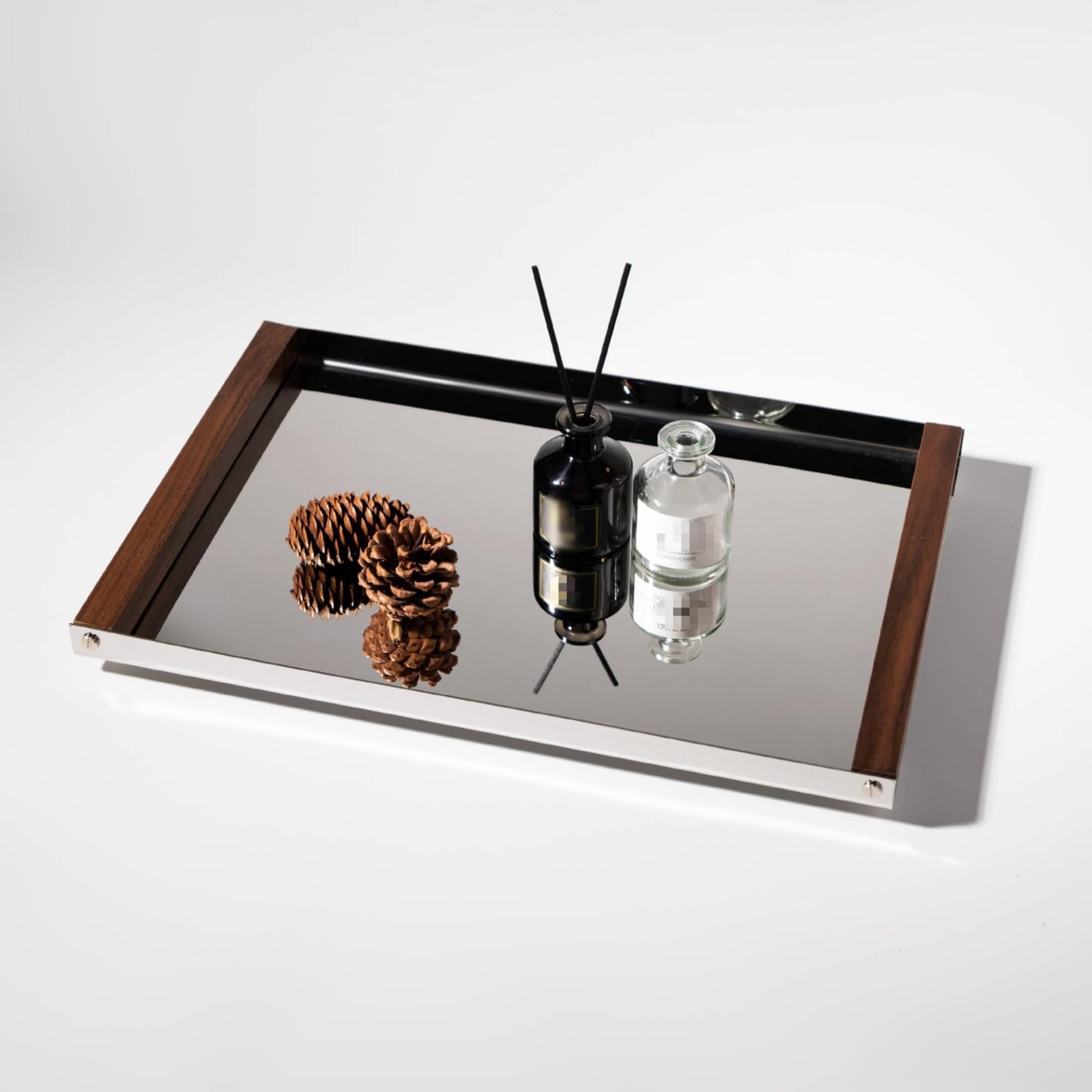 Milageto Bandeja de Acero Inoxidable Bandeja Fuente Organizador con Espejo Metálico Laterales de Madera Adecuada para Servir y Organizar Exhibición de Objetos Decoración en Hogar y Cafetería
