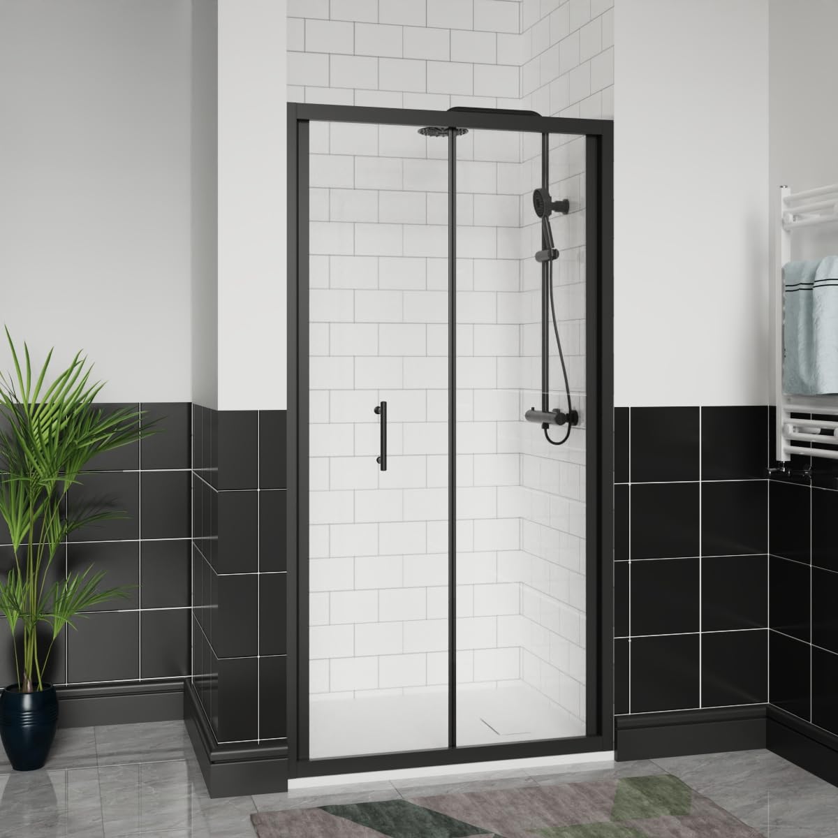 Aquariss Matte Black 900X700mm Black Bifold Shower Door Enclosure With 900Mm Self Clean Reversible Folding Shower Screen Cubicle, White Smc Anti Slip Shower Tray And 90Mm Waste
