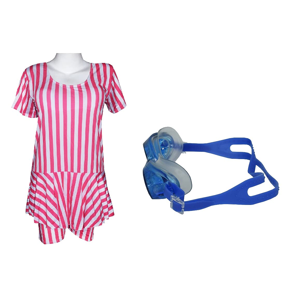 I-SWIM LADIES COSTUME IS-104 WHITE/PINK LINES SIZE 3XL WITH GOGGLES SILICON JOINTLESS WITH BOX PINK