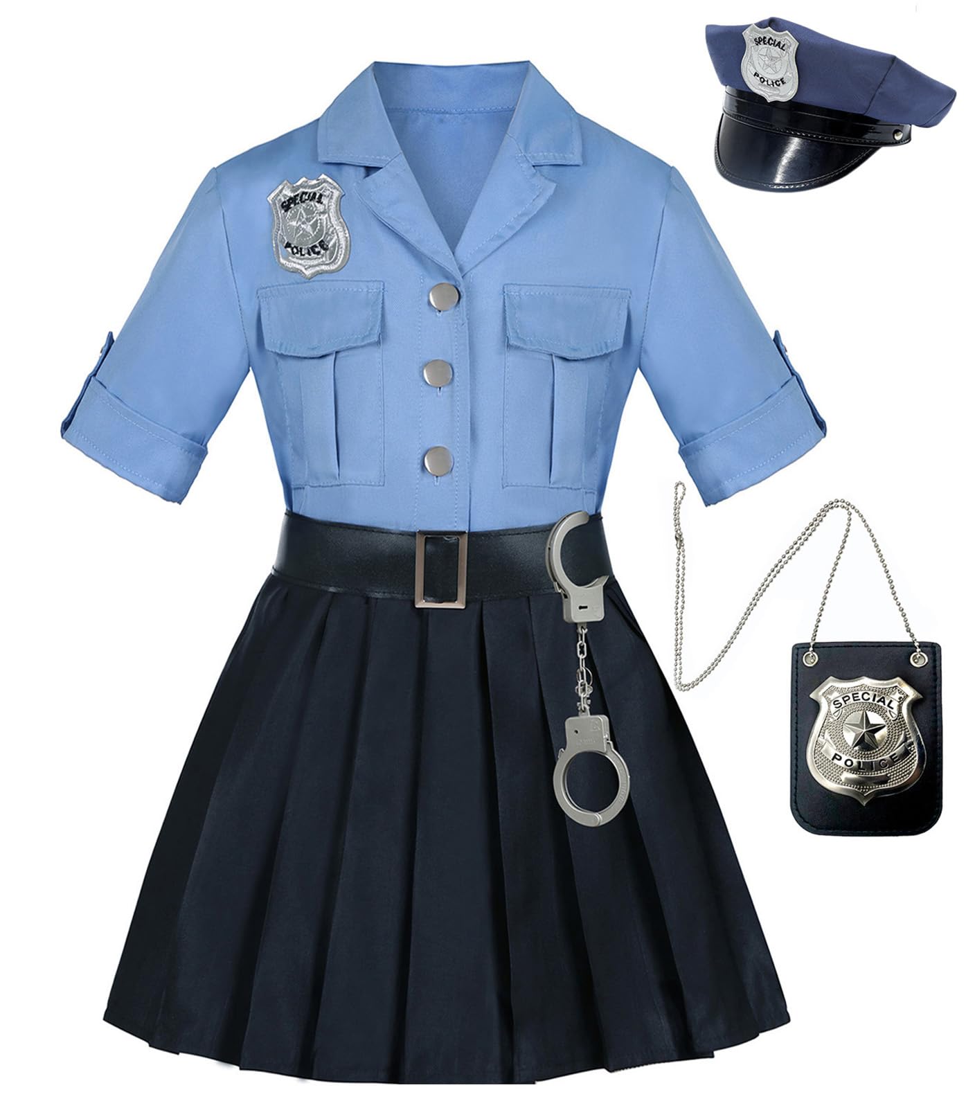 Koatobbor Girls Police Officer Costume Kids Cop Cosplay Outfits Uniform for Halloween Dress Up