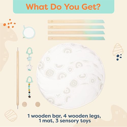 Miniatura 4 de B toys - Gimnasio de madera para bebés tapete de actividad cielo estrellado 3 juguetes sensoriales colgantes algodón orgánico madera natural bebés