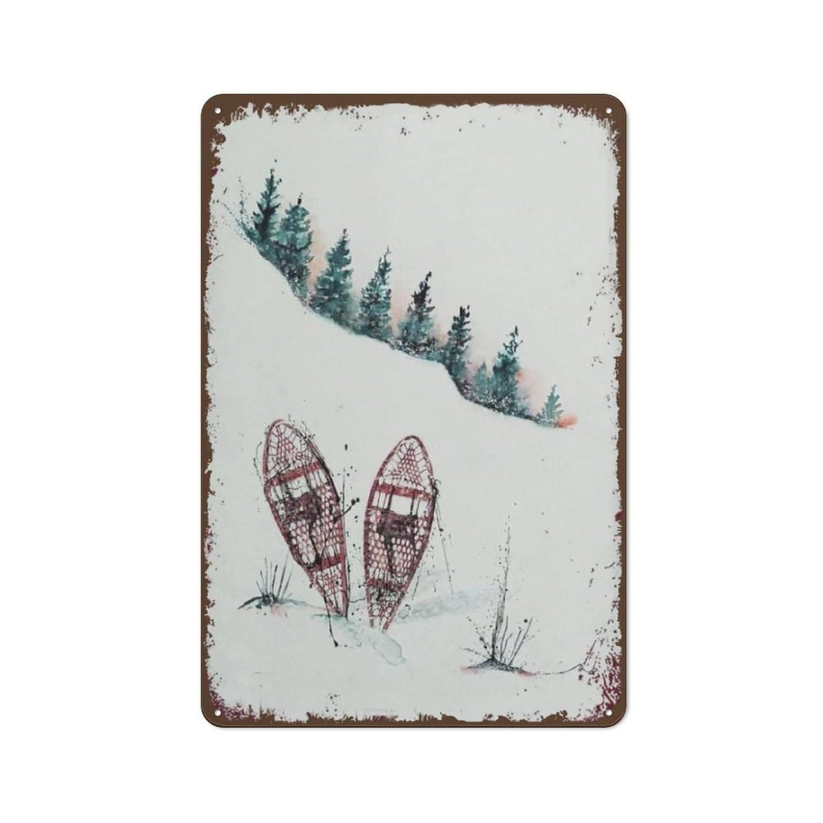 IDGTTLDF Retro Winter Sports Metal Sign Vintage Snowshoes Skiing Mountaineer Tin Wall-Art Decor For Rustic Cabin Lodge 8 X 12 inch