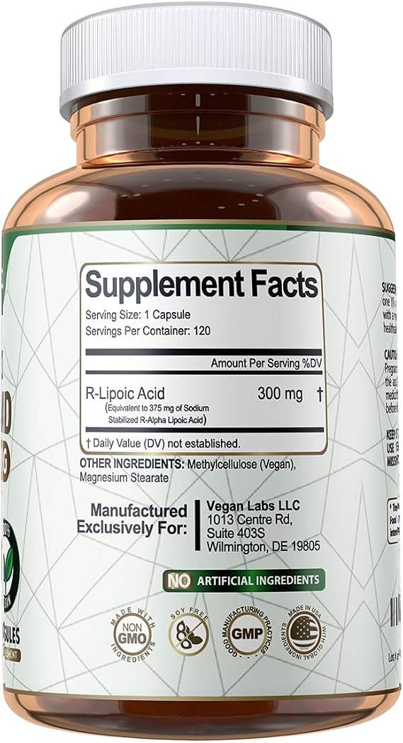 Vegan Labs Stabilized R-Lipoic Acid 300MG, 120 Vegan Capsules- Supports Cellular Energy and Antioxidant Protection- Gluten Free, Non-GMO, Stabilized Na R-ALA Supplement- 4 Month Supply
