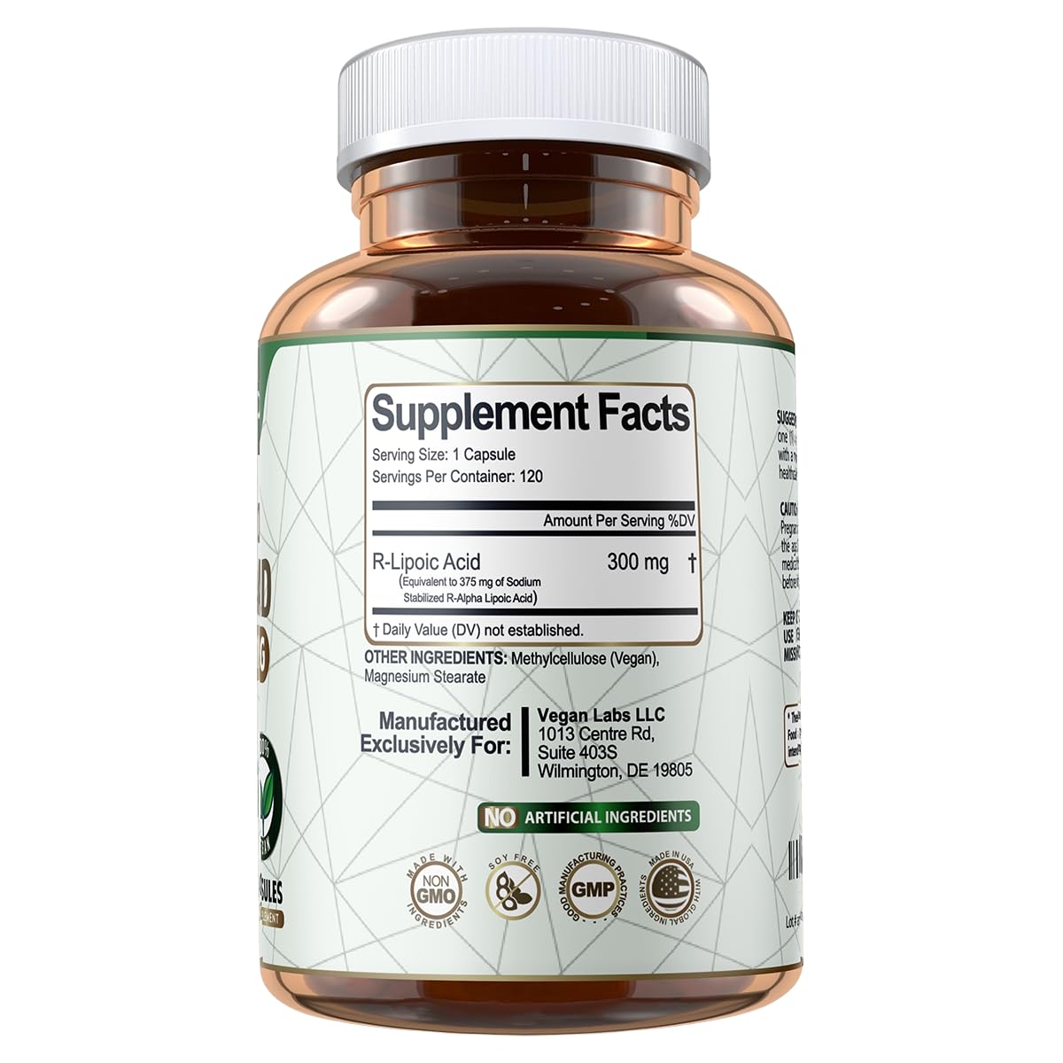Vegan Labs Stabilized R-Lipoic Acid 300MG, 120 Vegan Capsules- Supports Cellular Energy and Antioxidant Protection- Gluten Free, Non-GMO, Stabilized Na R-ALA Supplement- 4 Month Supply — Amazon image 3