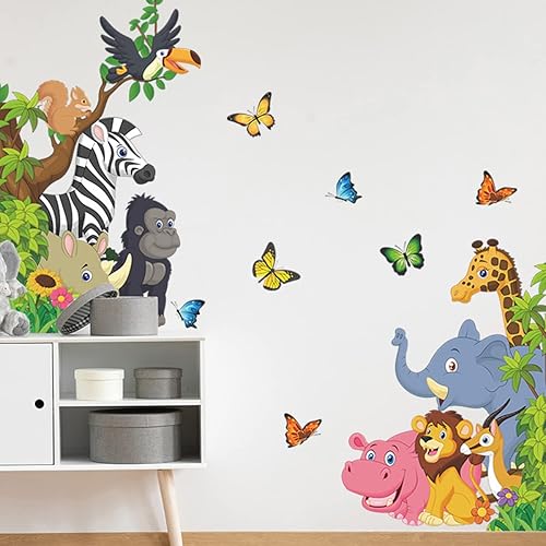 Decoración de habitación de safari calcomanías de pared con temática de selva para habitación de bebé jirafa león cebra elefante calcomanías de