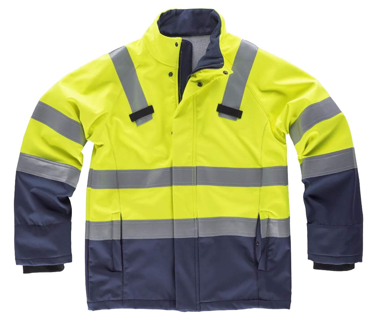 WorkTeam Chaqueta Softshell IGNÍFUGA, ANTIESTÁTICA con Protección para SOLDADURA, ARCO ELÉCTRICO Y QUÍMICOS, de ALTA VISIBILIDAD con Cintas Reflectantes, IMPERMEABLE. Unisex Amarillo A.V.+Marino XL