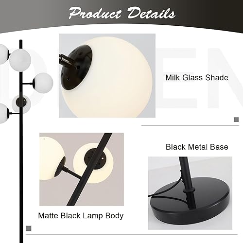 Miniatura 3 de KCO Lámpara de pie LED contemporánea con 5 luces de cristal blanco esmerilado, lámpara de pie moderna de esquina negra de poste alto con interruptor
