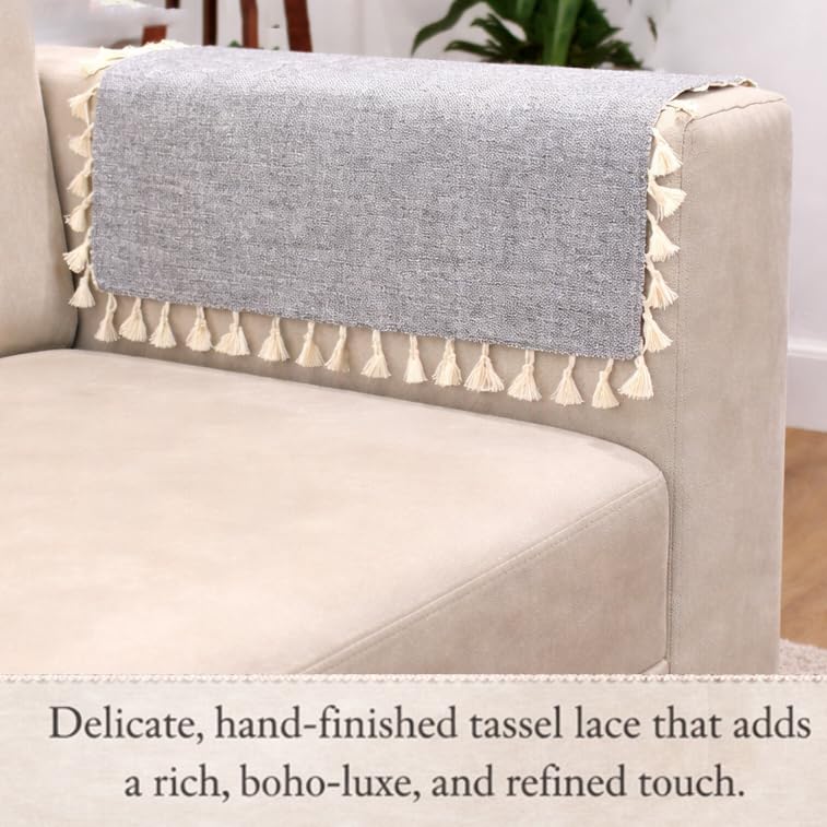 Image of STITCHNEST Jute Sofa Arm Cover with Tassels | Elegant Textured Hand Rest Protector | Durable & Long-Lasting | 18 x 22 Inches