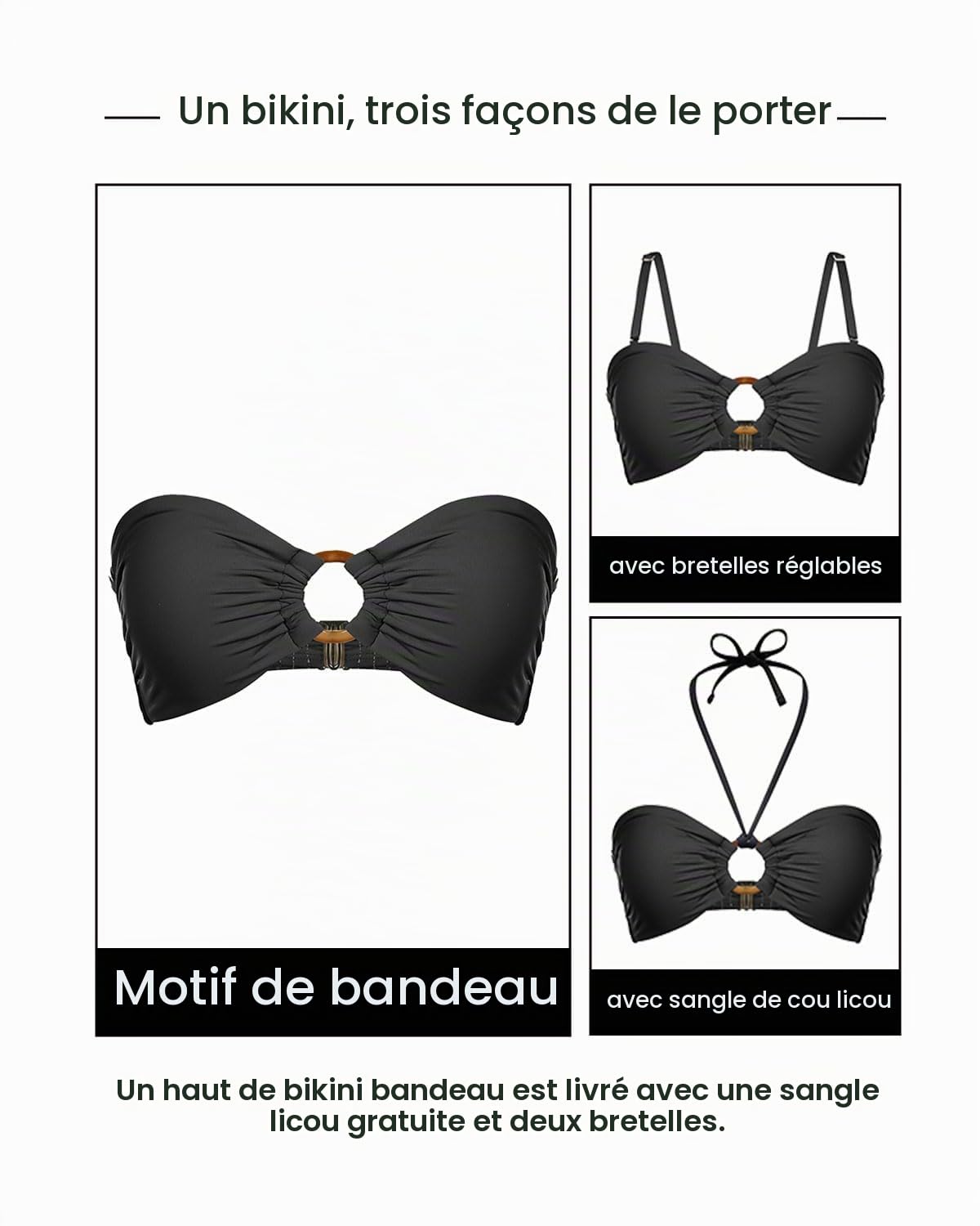 Holipick Haut de bikini bandeau pour femme, haut de maillot de bain sans bretelles, haut de maillot de bain avec bretelles